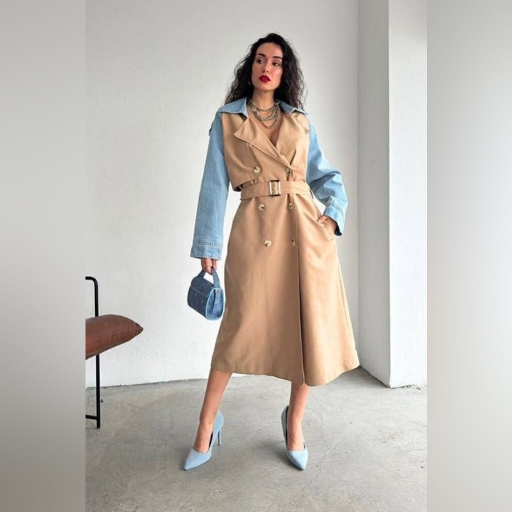 032. Trench Coat Jacket beige with denim sleeve - Picture 8 of 11